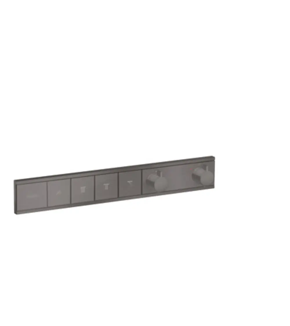 Hansgrohe Steuerungspanel mit mehreren Tasten und zwei Reglern, gestaltet in Brushed Black Chrome, für die Steuerung von vier Wasserverbrauchern.